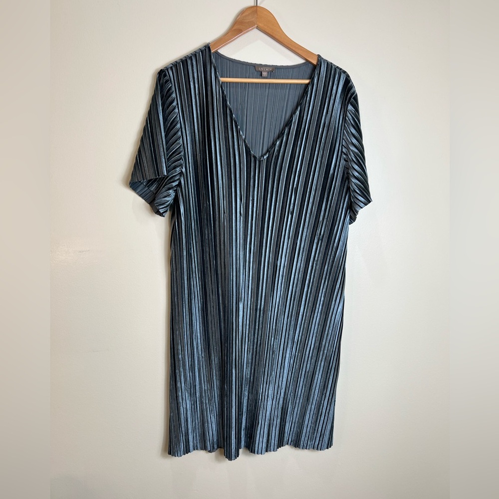 Lilla P. Silver Dress. Iridescent, unhemmed cut edges on sleeves and hem